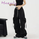 Hnewly American cargo pants women large pocket draw rope retro straight pants solid color street casual pants loose moped cargo pants