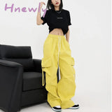 Hnewly American Cargo Pants Women Large Pocket Draw Rope Retro Straight Solid Color Street Casual