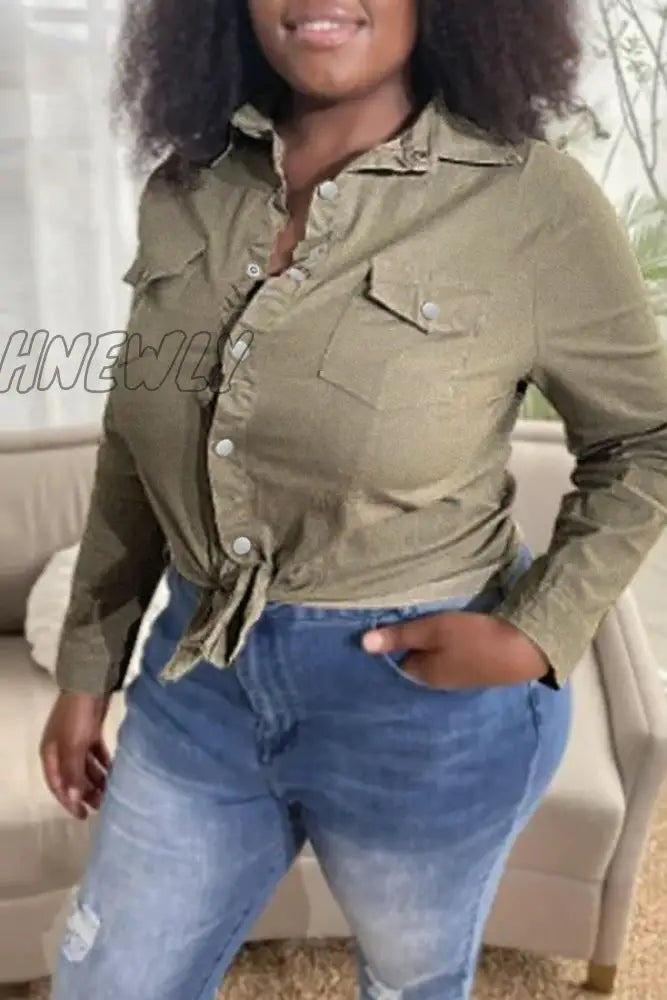 Hnewly - Army Green Fashion Casual Solid Patchwork Turndown Collar Long Sleeve Regular Denim Jacket