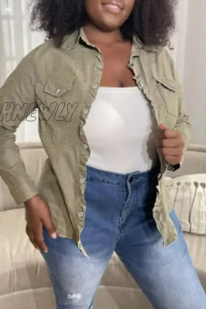 Hnewly - Army Green Fashion Casual Solid Patchwork Turndown Collar Long Sleeve Regular Denim Jacket