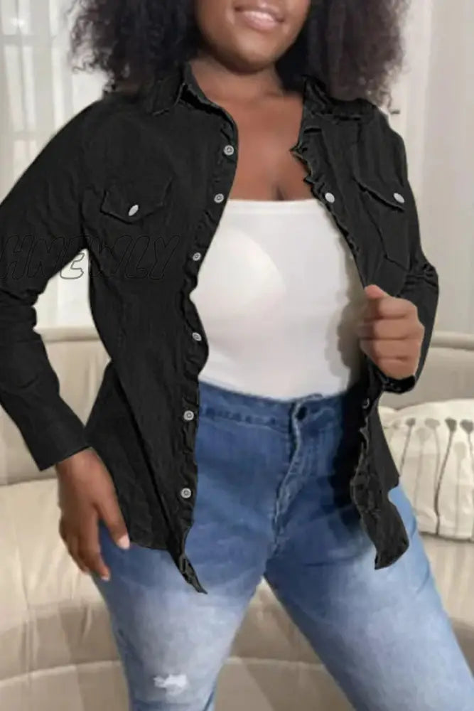 Hnewly - Army Green Fashion Casual Solid Patchwork Turndown Collar Long Sleeve Regular Denim Jacket