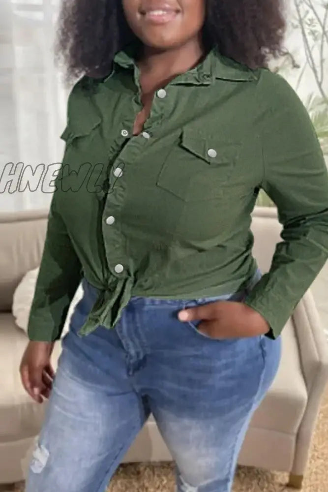 Hnewly - Army Green Fashion Casual Solid Patchwork Turndown Collar Long Sleeve Regular Denim Jacket