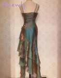 Hnewly Asymmetrical Midi Dress For Women Fashion Vintage Spaghetti Strap Summer Elegant Fairycore