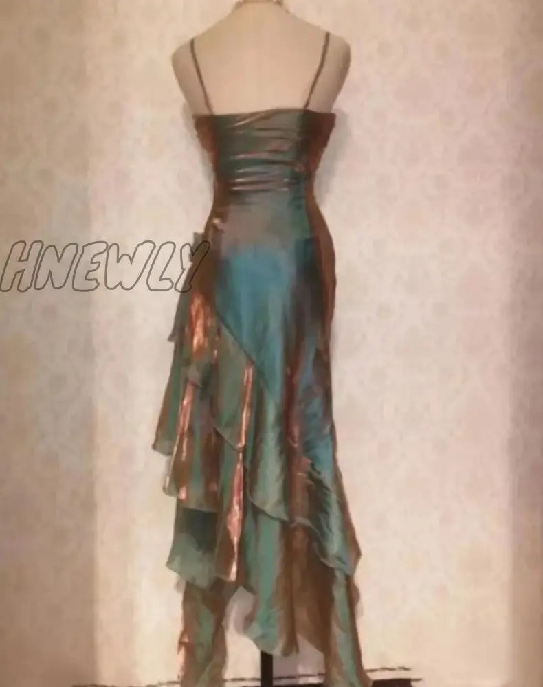 Hnewly Asymmetrical Midi Dress For Women Fashion Vintage Spaghetti Strap Summer Elegant Fairycore
