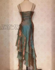 Hnewly Asymmetrical Midi Dress For Women Fashion Vintage Spaghetti Strap Summer Elegant Fairycore
