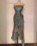 Hnewly Asymmetrical Midi Dress For Women Fashion Vintage Spaghetti Strap Summer Elegant Fairycore