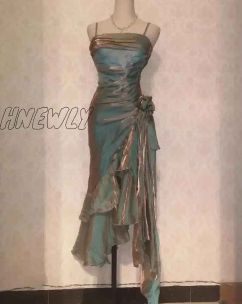 Hnewly Asymmetrical Midi Dress For Women Fashion Vintage Spaghetti Strap Summer Elegant Fairycore