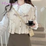 Hnewly Autum Kawaii Knitted Sweater Vest Women Japanese Style Sweet Patchwork Pullover Female