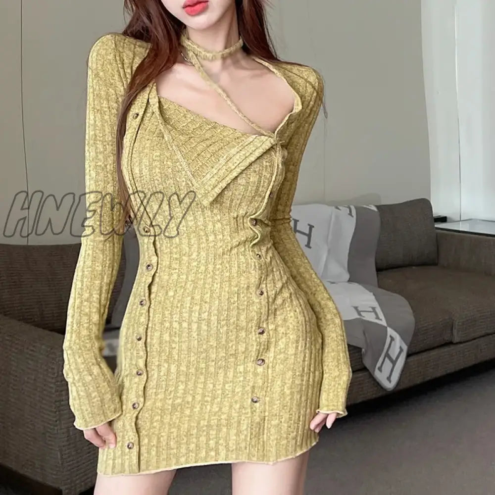 Hnewly Autumn And Winter Irregular Knit Dress For Women Sexy Fashion New Collar Show Slim Waist
