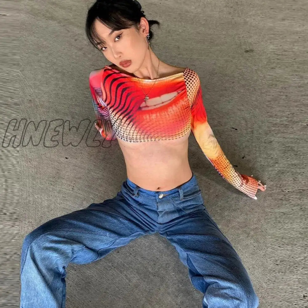 Hnewly Autumn Colorful Print Y2K Crop Tops New Women Sexy Backless Long Sleeve T - Shirts Hipster