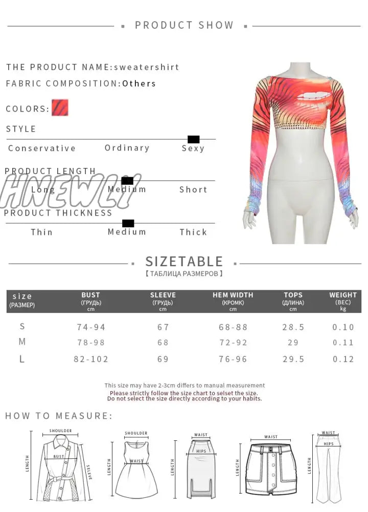 Hnewly Autumn Colorful Print Y2K Crop Tops New Women Sexy Backless Long Sleeve T - Shirts Hipster