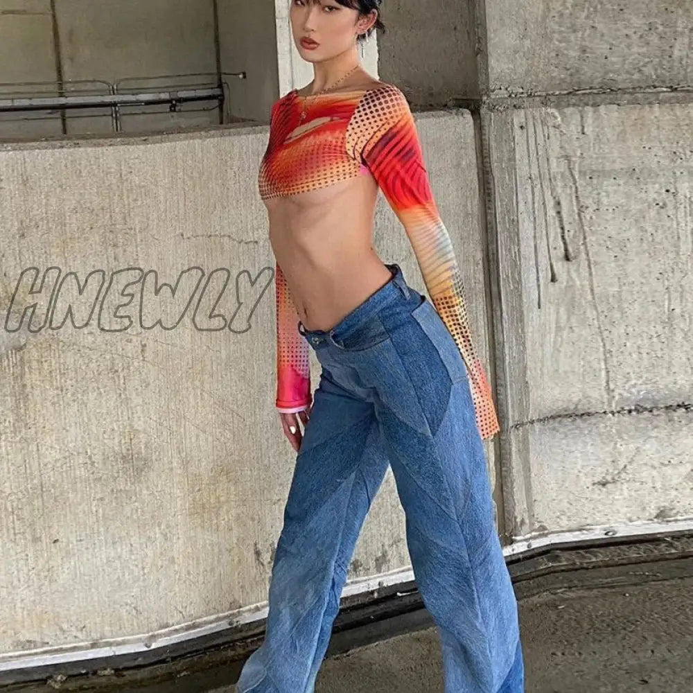 Hnewly Autumn Colorful Print Y2K Crop Tops New Women Sexy Backless Long Sleeve T - Shirts Hipster