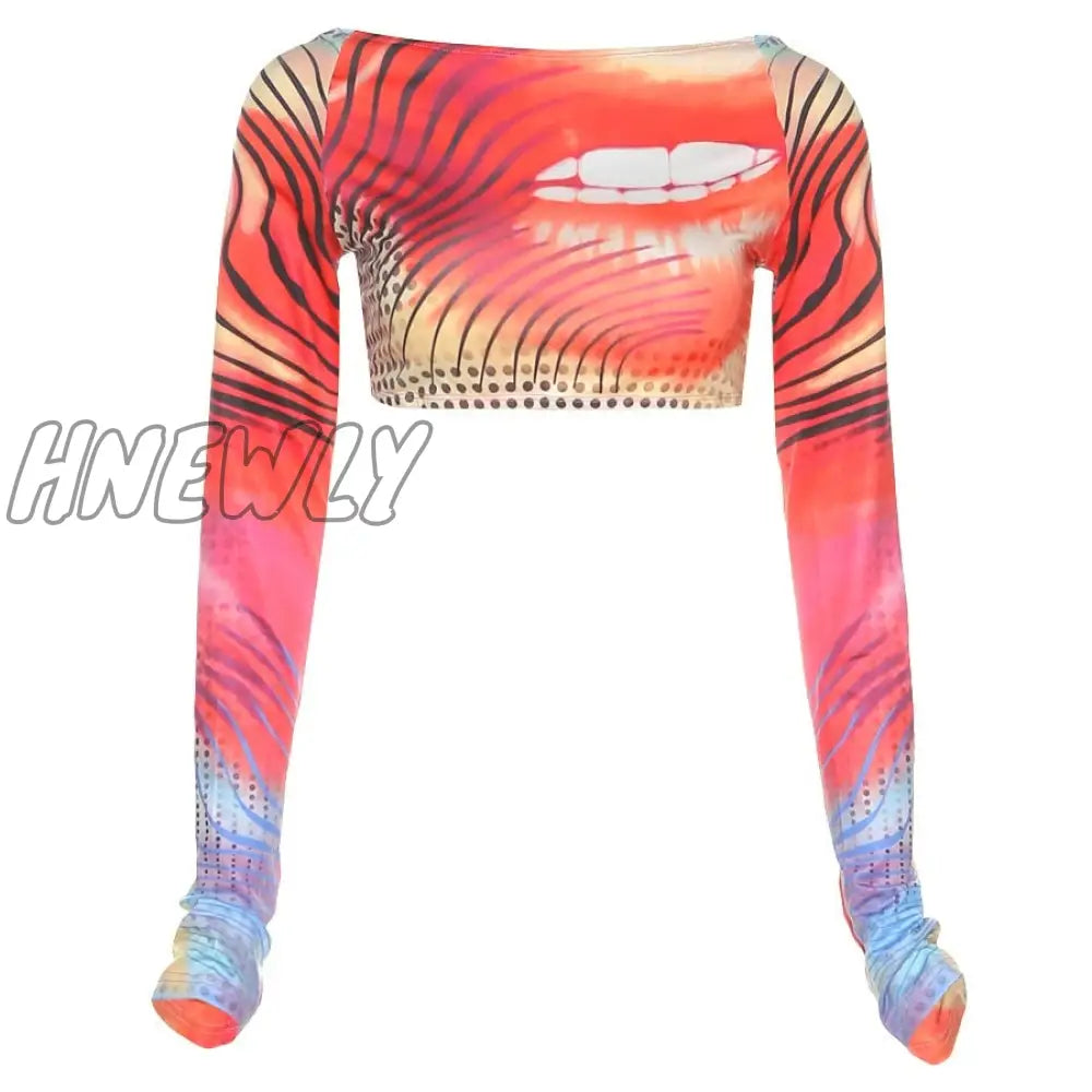 Hnewly Autumn Colorful Print Y2K Crop Tops New Women Sexy Backless Long Sleeve T - Shirts Hipster