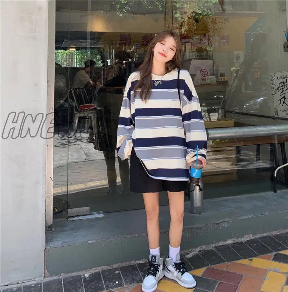 Hnewly Autumn Hoodies Striped Oversized Sweatshirt Women Harajuku Pullovers Korean Fashion Couples
