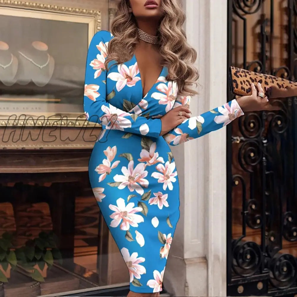 Hnewly Autumn Long Sleeve Bodycon Elegant Office Lady Dress Fashion Houndstooth Print Sexy V - Neck