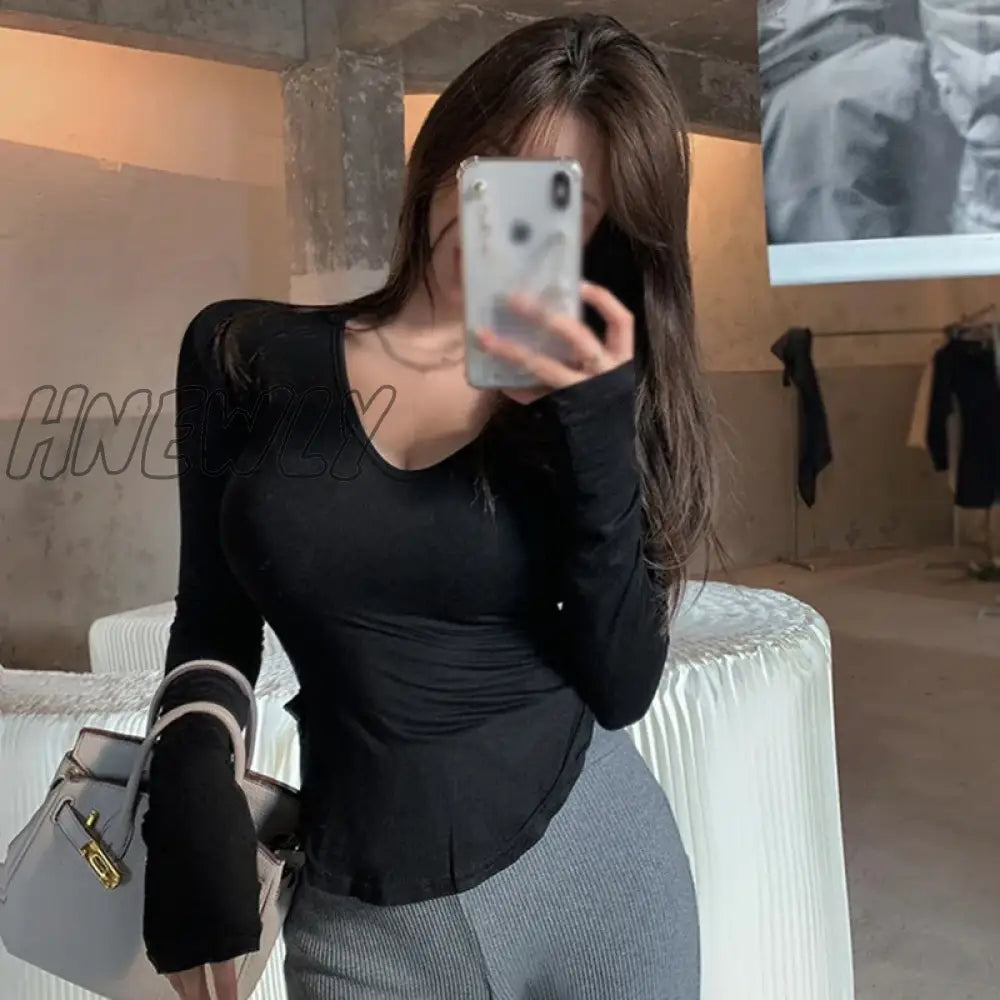 Hnewly Autumn Long Sleeve T Shirt Skinny Sexy Solid Basic Crop Tops Ladies Irregular Bottom T-Shirt