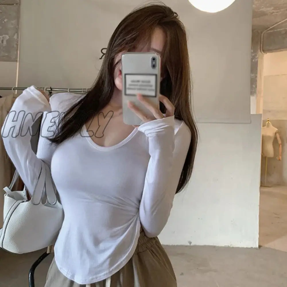 Hnewly Autumn Long Sleeve T Shirt Skinny Sexy Solid Basic Crop Tops Ladies Irregular Bottom T-Shirt