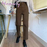 Hnewly Autumn New Brown Straight Denim Vintage Slender Office Lady Jeans Women Trousers High Waist