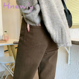 Hnewly Autumn New Brown Straight Denim Vintage Slender Office Lady Jeans Women Trousers High Waist