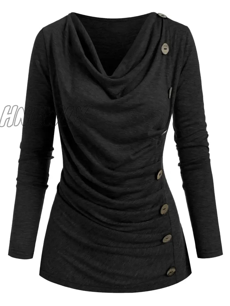 Hnewly Autumn New Solid Color Cowl Neck Heather Mock Button T-Shirt Long Sleeve Tee Women T Shirt
