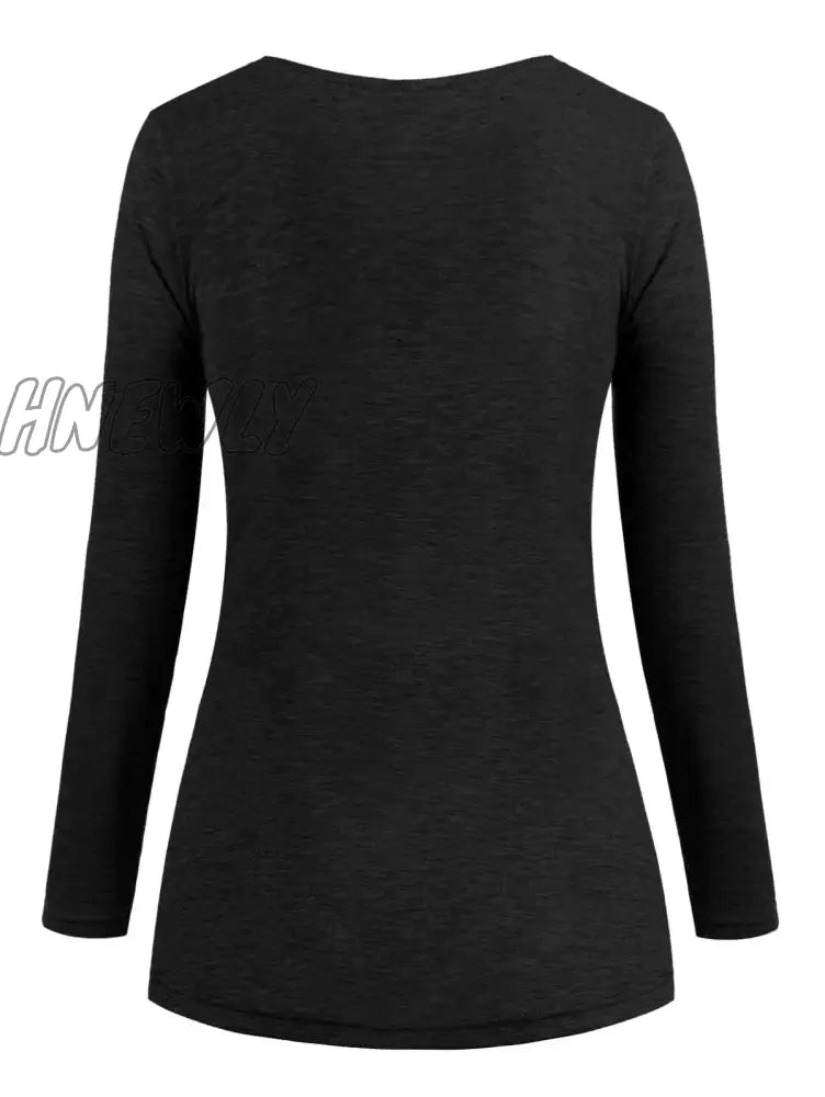 Hnewly Autumn New Solid Color Cowl Neck Heather Mock Button T-Shirt Long Sleeve Tee Women T Shirt