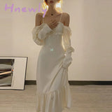 Hnewly Autumn New Style Retro Sweet One-shoulder Square Neck Puff Sleeve Trumpet Dress Women Sexy Folds White Vintage Dresses