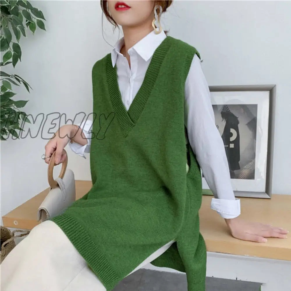 Hnewly Autumn New V - Neck Solid Color Seelveless Knit Sweater Streetwear Fashion Loose Wild