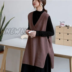 Hnewly Autumn New V - Neck Solid Color Seelveless Knit Sweater Streetwear Fashion Loose Wild