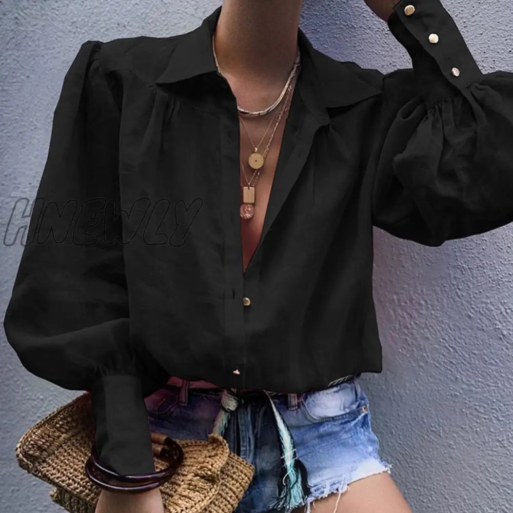 Hnewly Autumn Puff Sleeve Shirts Womens Long Lapel V Neck Buttons Blouse Solid Color Casual Elegant