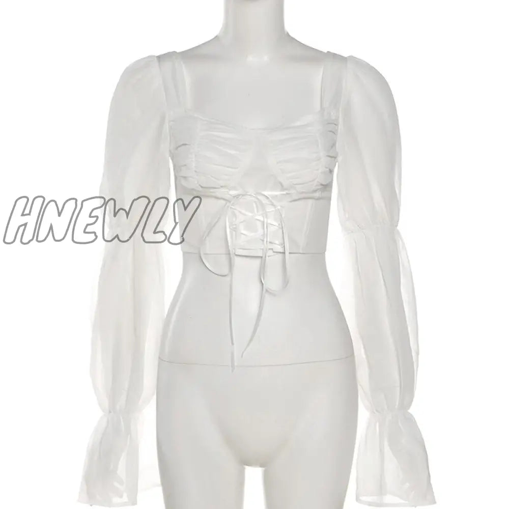 Hnewly Autumn Puff Sleeve Vintage Women Long Square Neck Bandage Corset Crop Tops Blouses Sexy