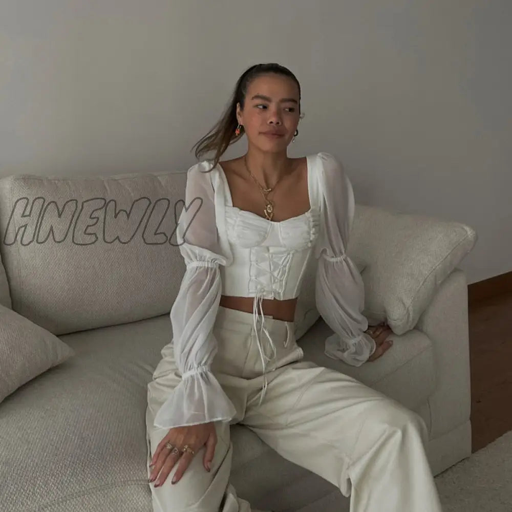 Hnewly Autumn Puff Sleeve Vintage Women Long Square Neck Bandage Corset Crop Tops Blouses Sexy