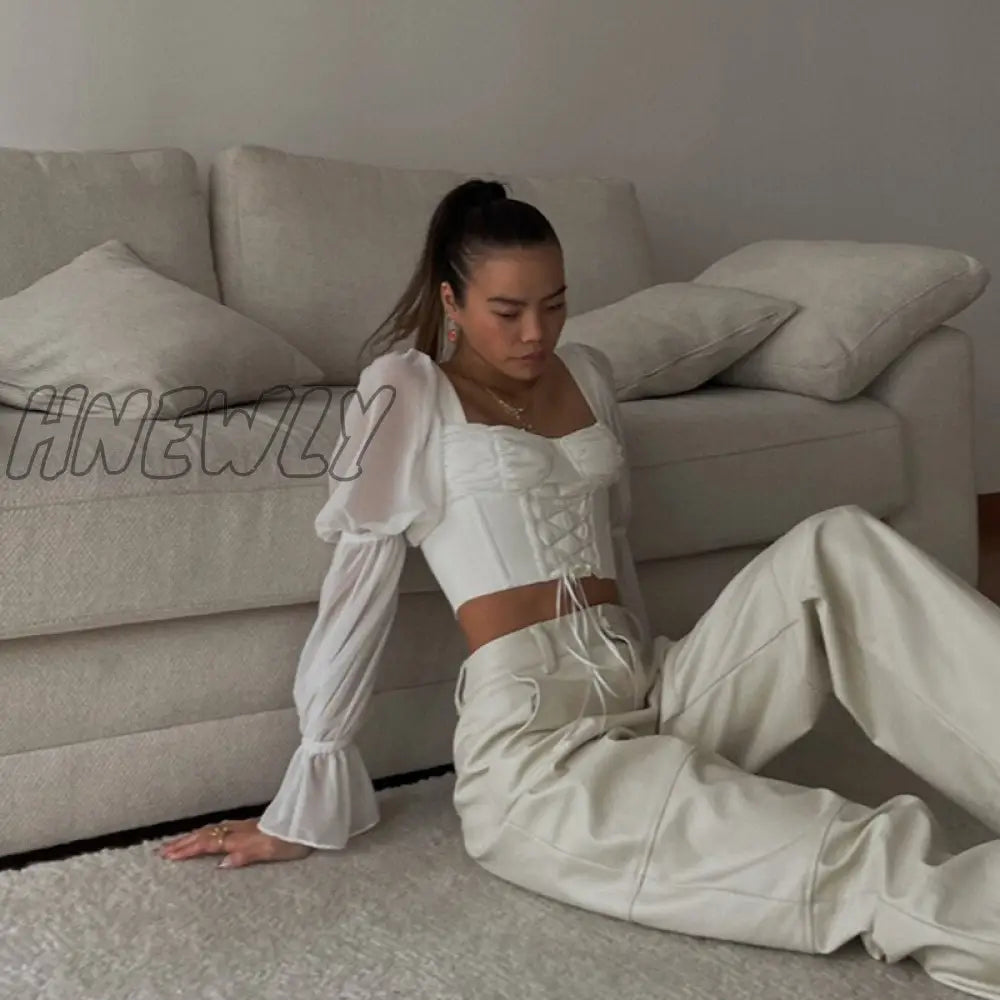 Hnewly Autumn Puff Sleeve Vintage Women Long Square Neck Bandage Corset Crop Tops Blouses Sexy