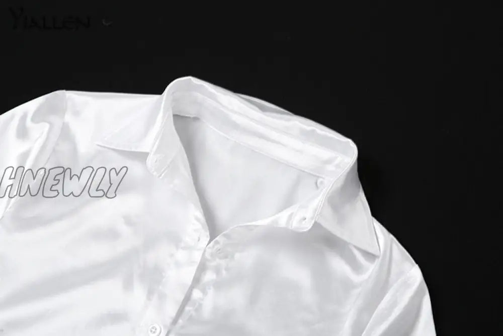 Hnewly Autumn Silky Elegant Women Shirt Sexy Slim Solid Concise Tops With Feathers High Street
