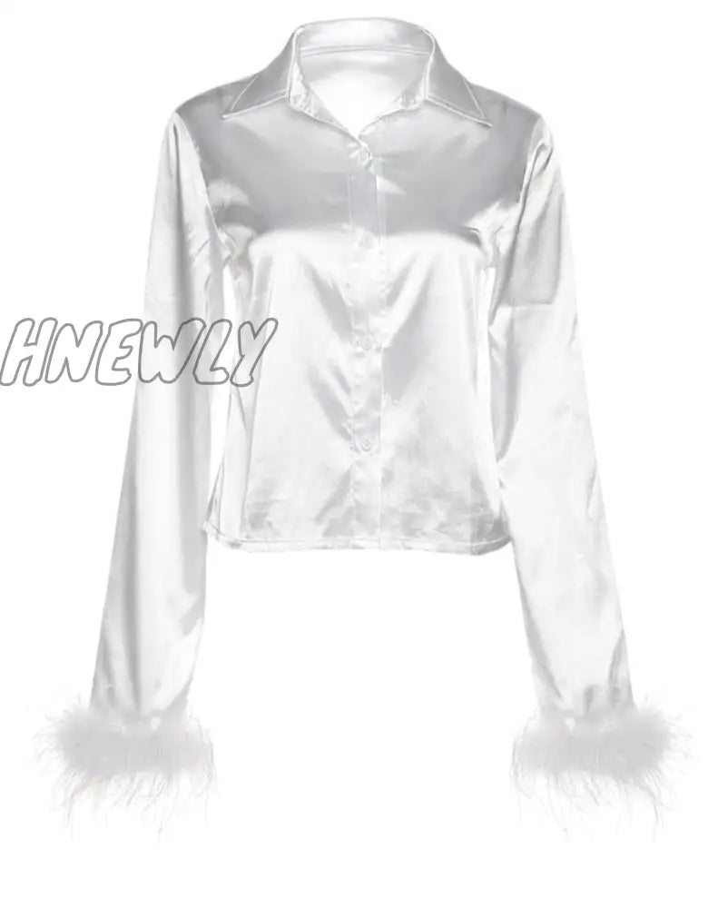 Hnewly Autumn Silky Elegant Women Shirt Sexy Slim Solid Concise Tops With Feathers High Street