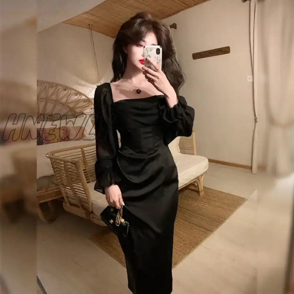 Hnewly Autumn Solid Elegant Fairy Dresses Women Casual Party Fashion Korean One Piece Dress Female