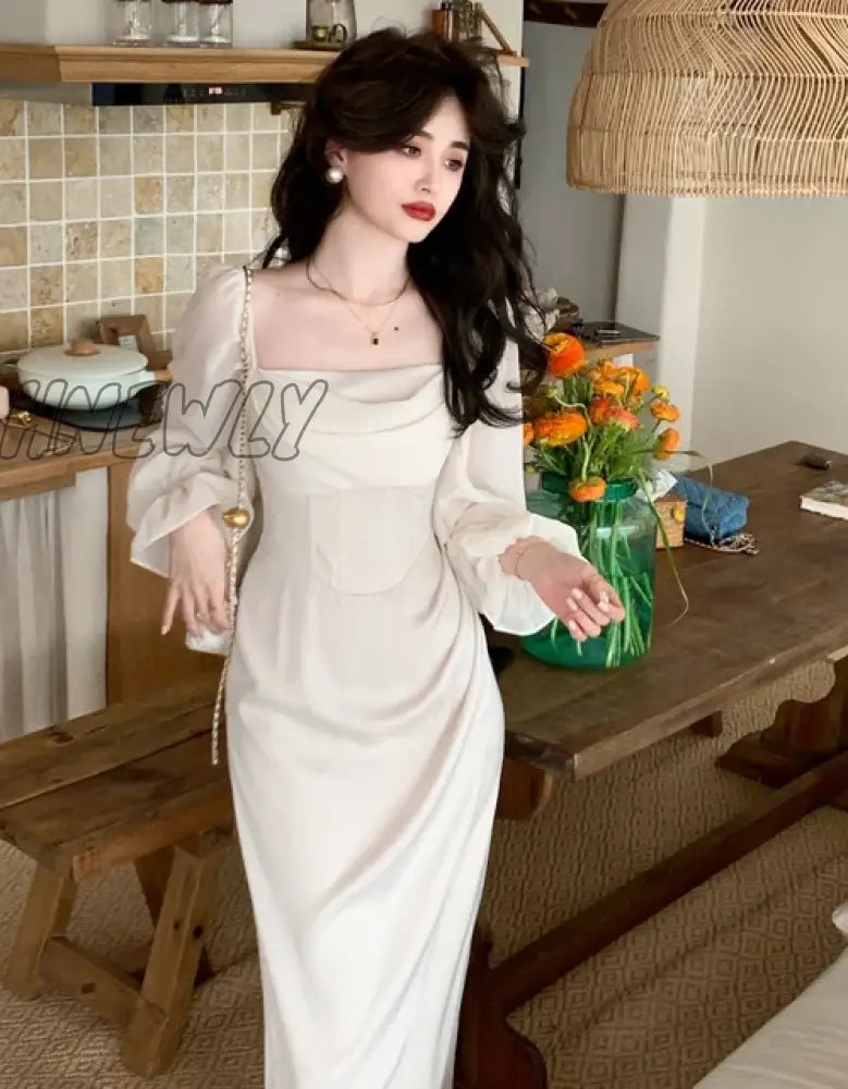 Hnewly Autumn Solid Elegant Fairy Dresses Women Casual Party Fashion Korean One Piece Dress Female