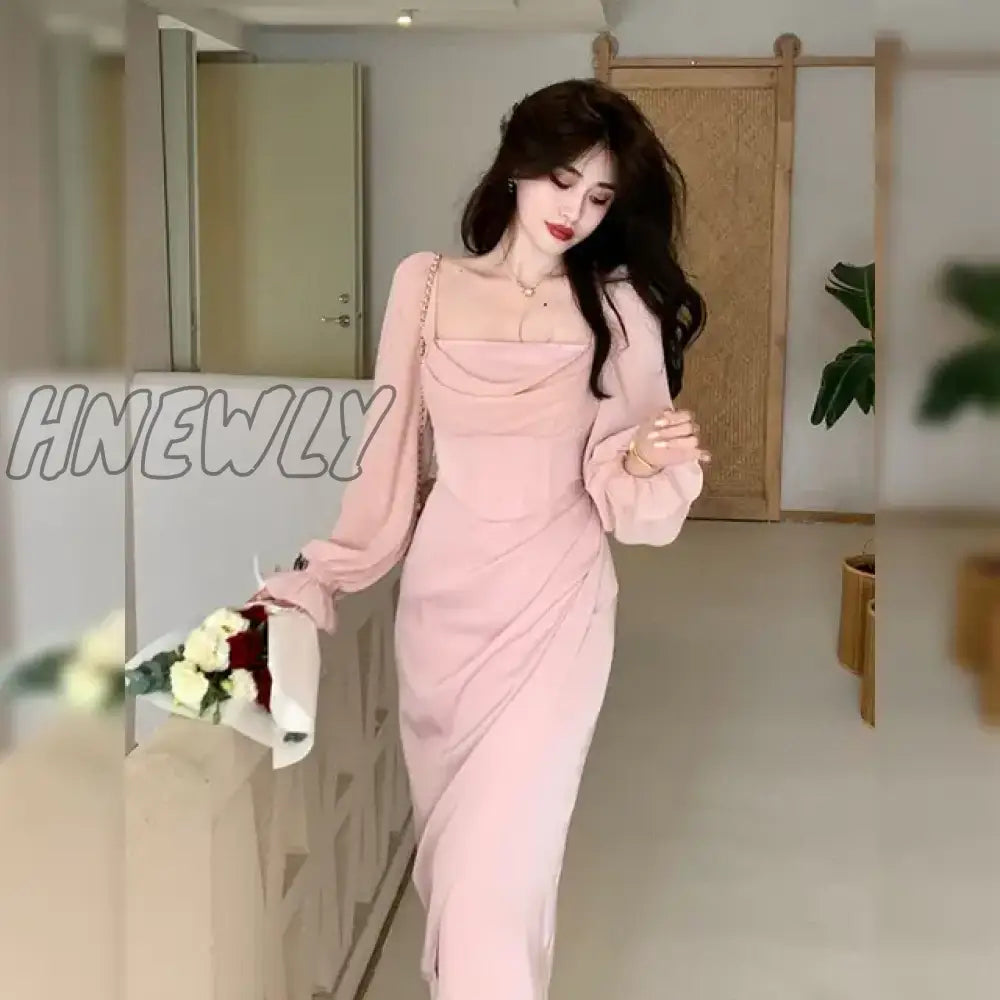 Hnewly Autumn Solid Elegant Fairy Dresses Women Casual Party Fashion Korean One Piece Dress Female