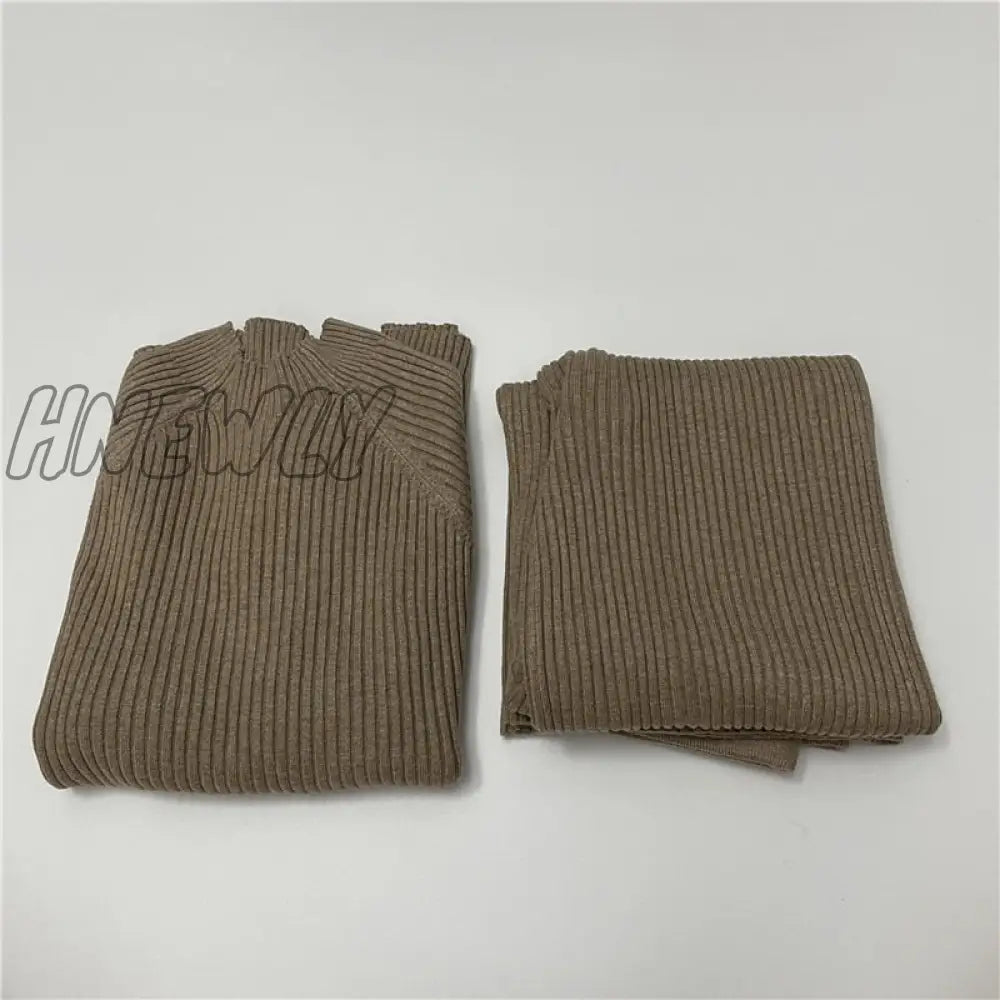 Hnewly Autumn Winter 2 Pieces Women Sets Knitted Tracksuit O-Neck Split Sweater And Wide Leg