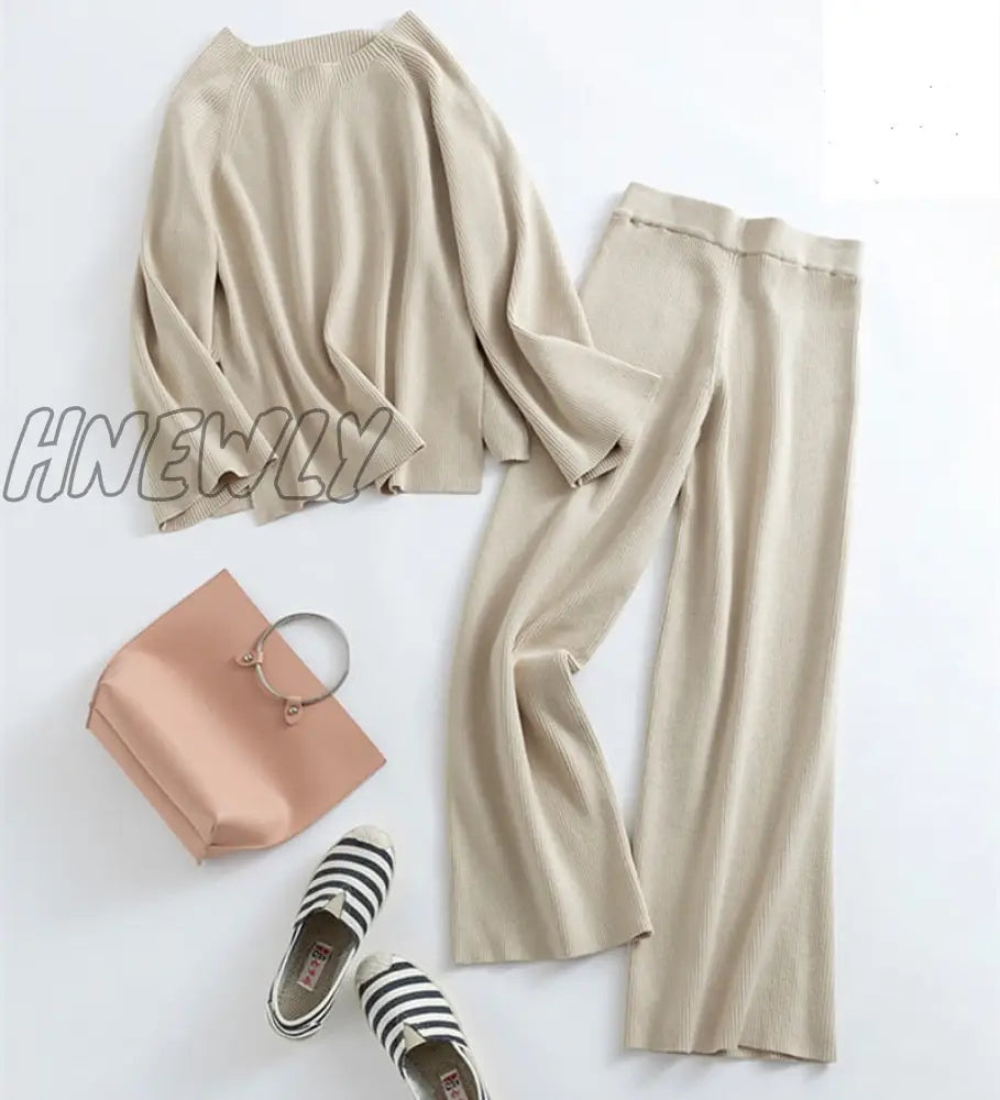 Hnewly Autumn Winter 2 Pieces Women Sets Knitted Tracksuit O-Neck Split Sweater And Wide Leg