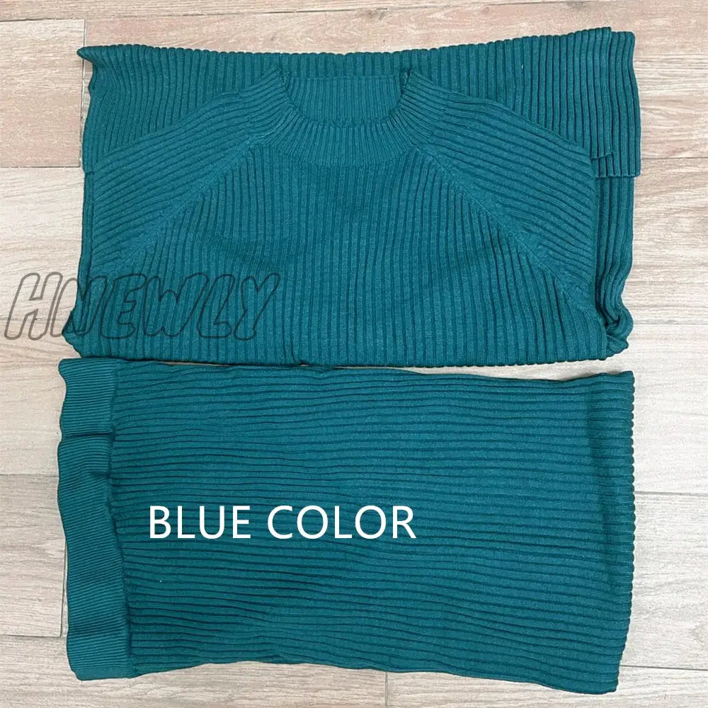 Hnewly Autumn Winter 2 Pieces Women Sets Knitted Tracksuit O-Neck Split Sweater And Wide Leg