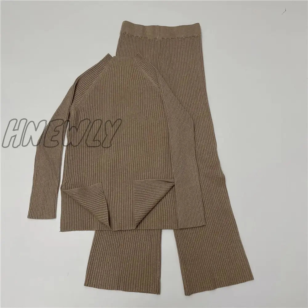 Hnewly Autumn Winter 2 Pieces Women Sets Knitted Tracksuit O-Neck Split Sweater And Wide Leg