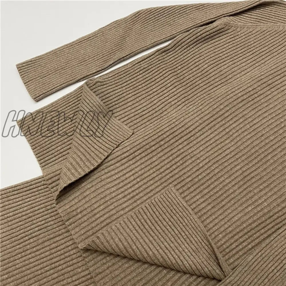 Hnewly Autumn Winter 2 Pieces Women Sets Knitted Tracksuit O-Neck Split Sweater And Wide Leg