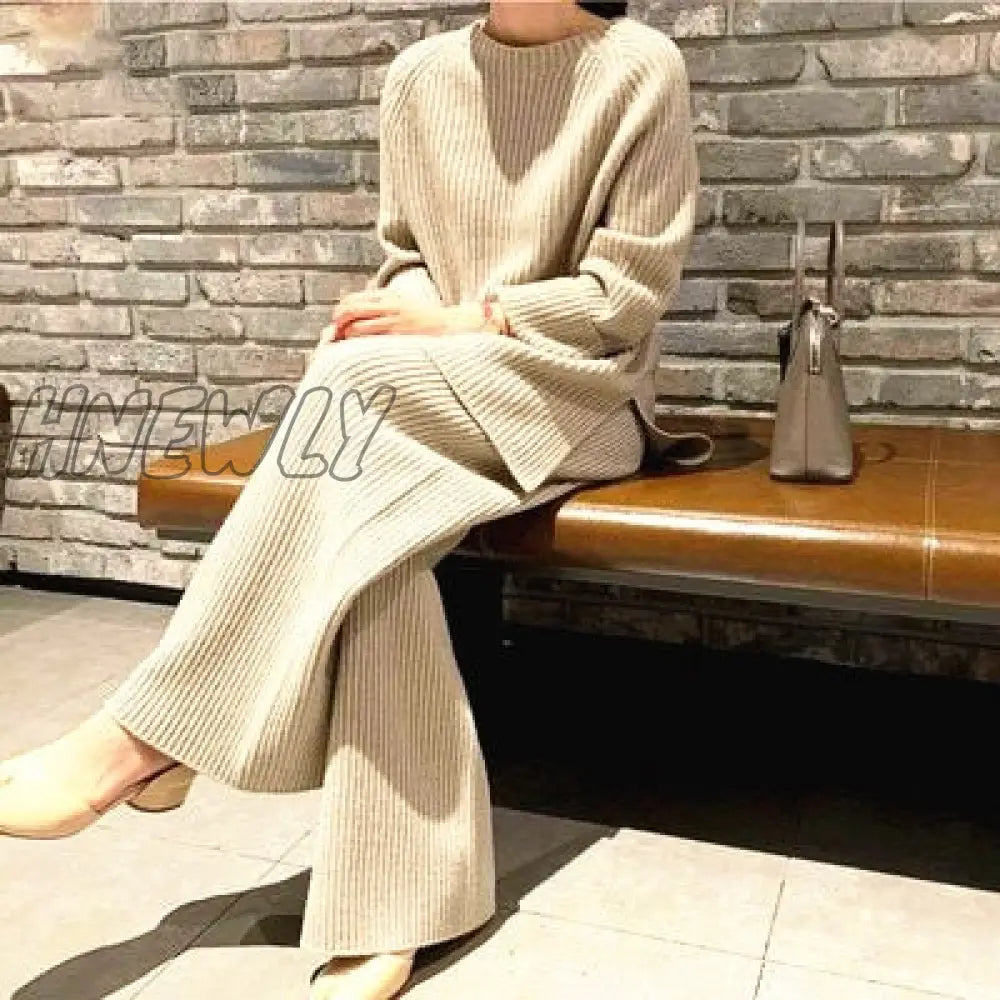 Hnewly Autumn Winter 2 Pieces Women Sets Knitted Tracksuit O-Neck Split Sweater And Wide Leg