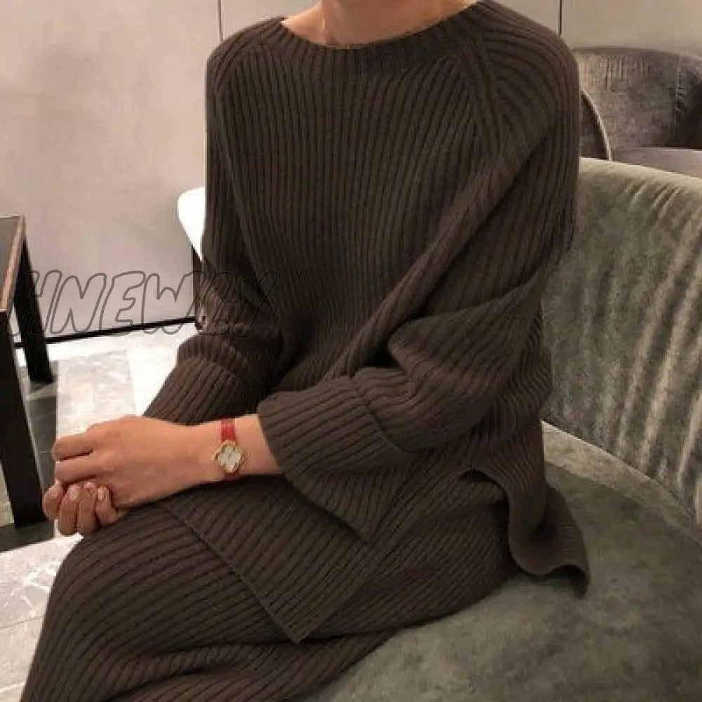 Hnewly Autumn Winter 2 Pieces Women Sets Knitted Tracksuit O-Neck Split Sweater And Wide Leg