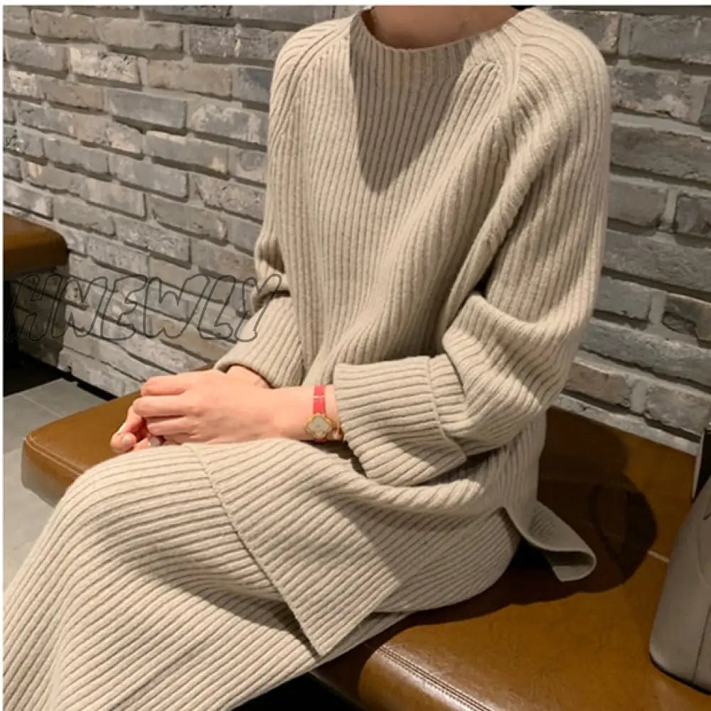 Hnewly Autumn Winter 2 Pieces Women Sets Knitted Tracksuit O-Neck Split Sweater And Wide Leg