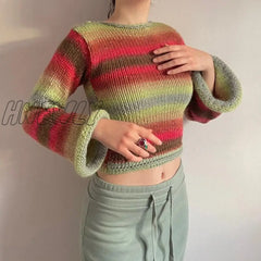 Hnewly Autumn Winter 90S Vintage Knitted Sweaters Striped Crimping Cropped Pullovers Chic Women