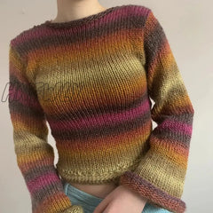Hnewly Autumn Winter 90S Vintage Knitted Sweaters Striped Crimping Cropped Pullovers Chic Women