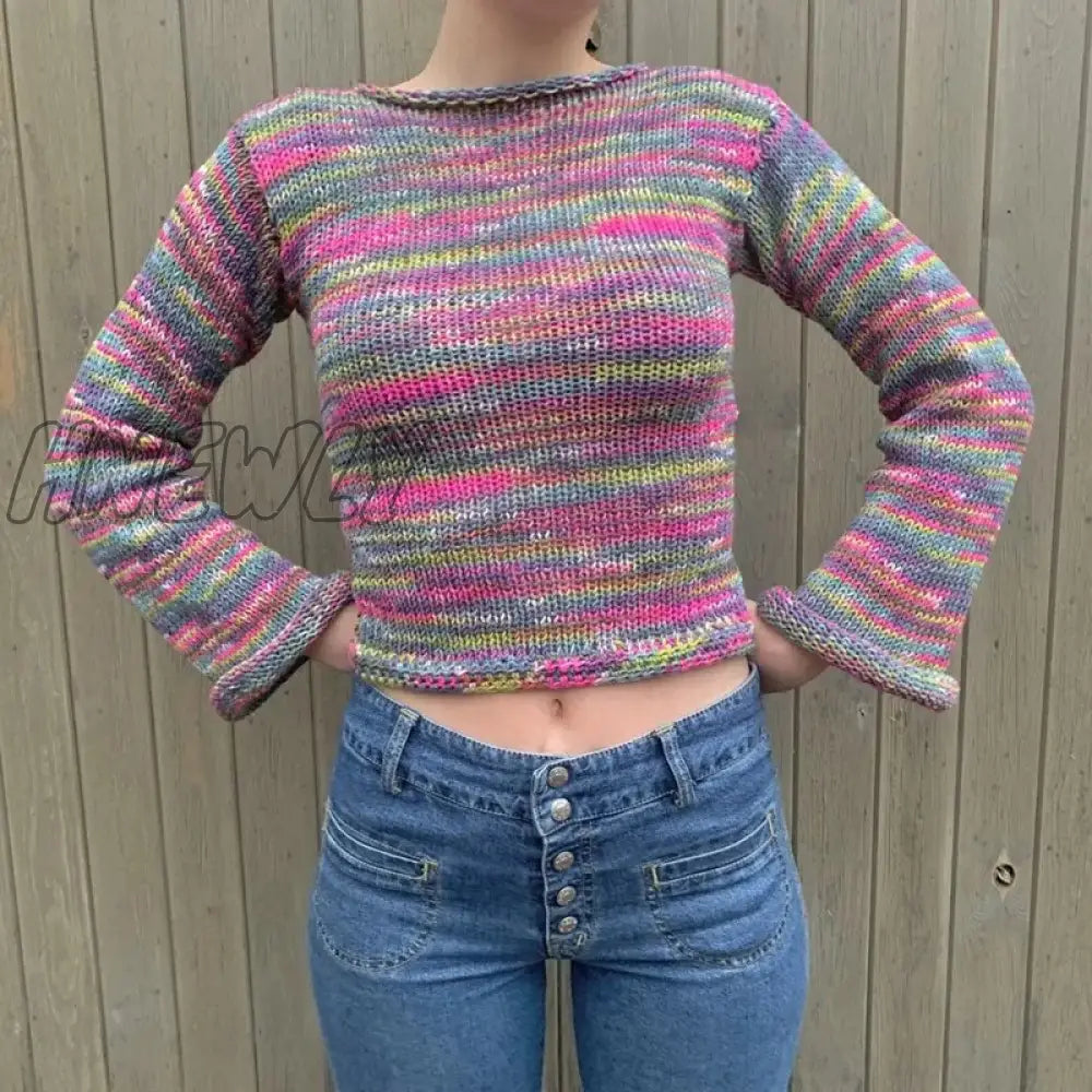 Hnewly Autumn Winter 90S Vintage Knitted Sweaters Striped Crimping Cropped Pullovers Chic Women