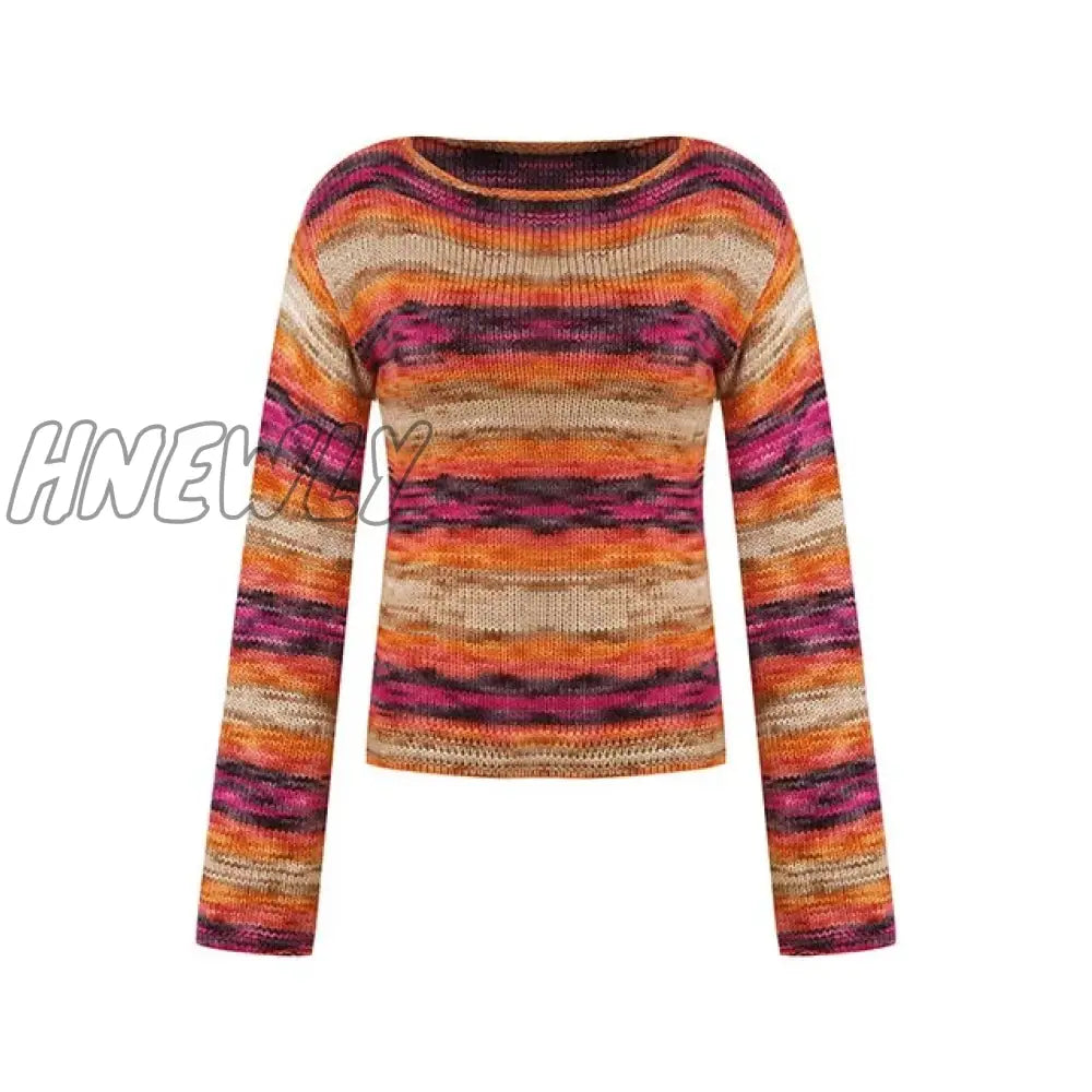 Hnewly Autumn Winter 90S Vintage Knitted Sweaters Striped Crimping Cropped Pullovers Chic Women