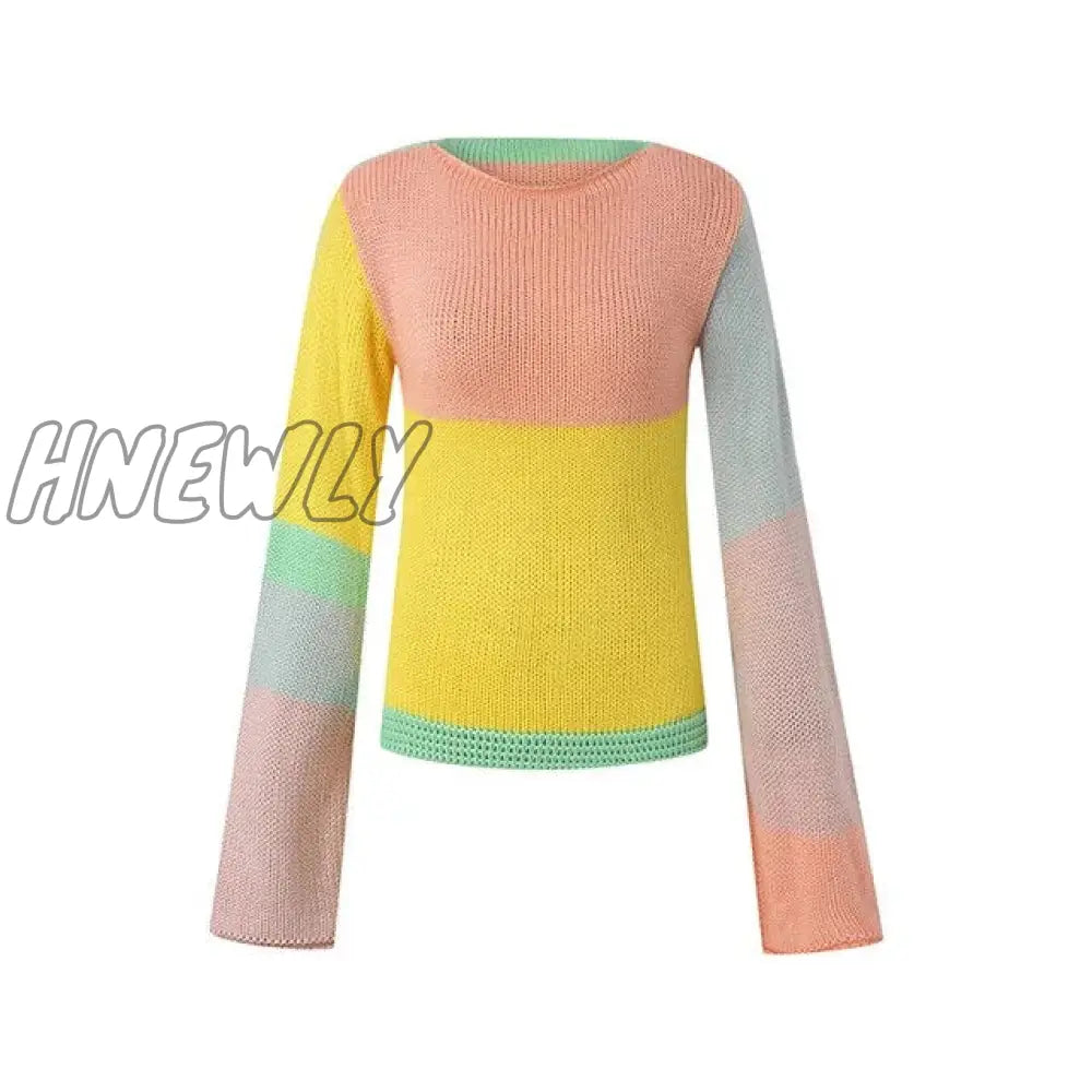 Hnewly Autumn Winter 90S Vintage Knitted Sweaters Striped Crimping Cropped Pullovers Chic Women